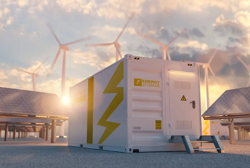 Modern battery energy storage system with wind turbines and solar panel power plants