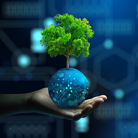 Erdkugel mit Baum in der Hand